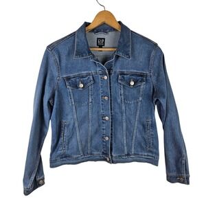 GAP Denim Trucker Jacket Womens Sz L Blue Jean Outdoors Casual Pockets